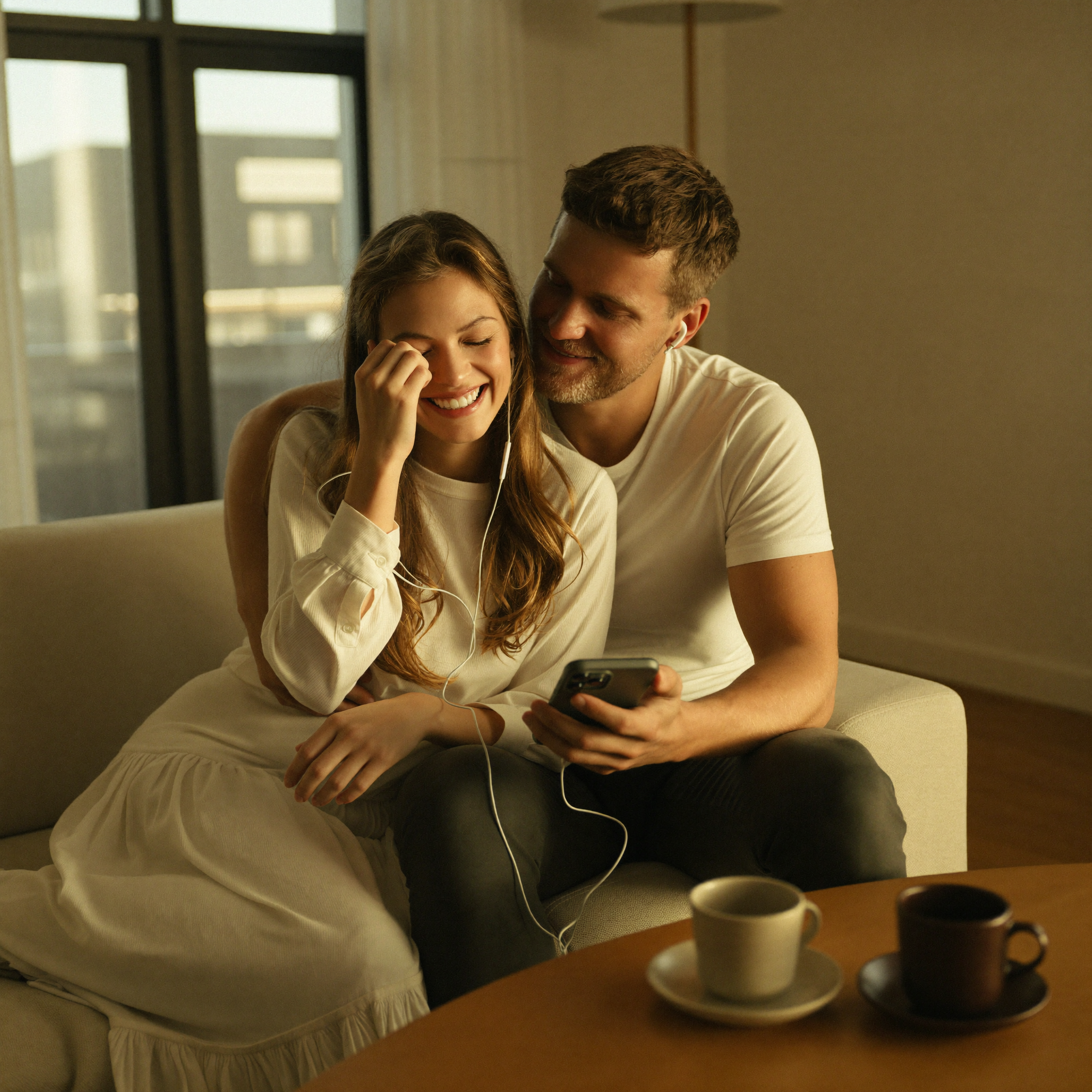 Paar hört gemeinsam seinen personalisierten Lovesong – emotionaler Moment auf dem Sofa