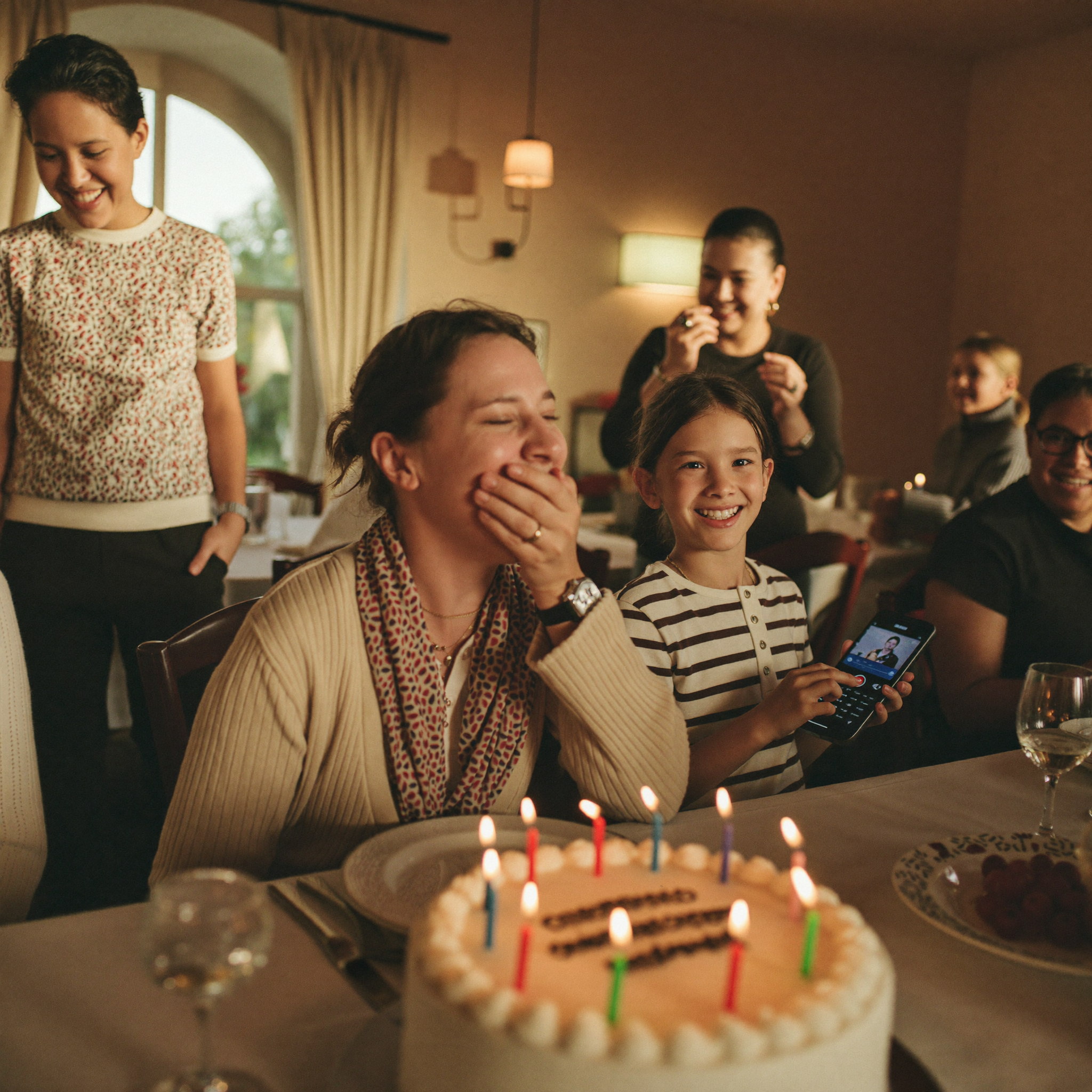 Überraschung zum runden Geburtstag: Familie spielt das personalisierte Geburtstagslied ab