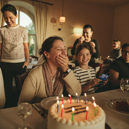 Überraschung zum runden Geburtstag: Familie spielt das personalisierte Geburtstagslied ab
