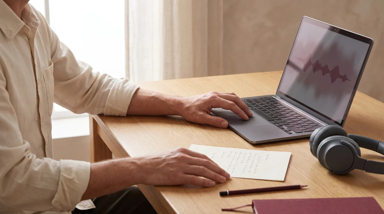 Arbeitsplatz mit Kopfhörern, persönlichen Notizen und einer Audiowelle am Laptop.